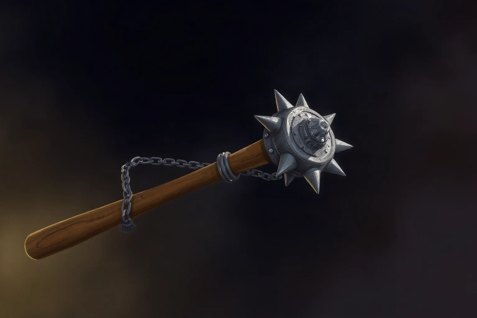 A wooden-handled medieval war flail with a chained spiked head, dramatic lighting, illustrative style