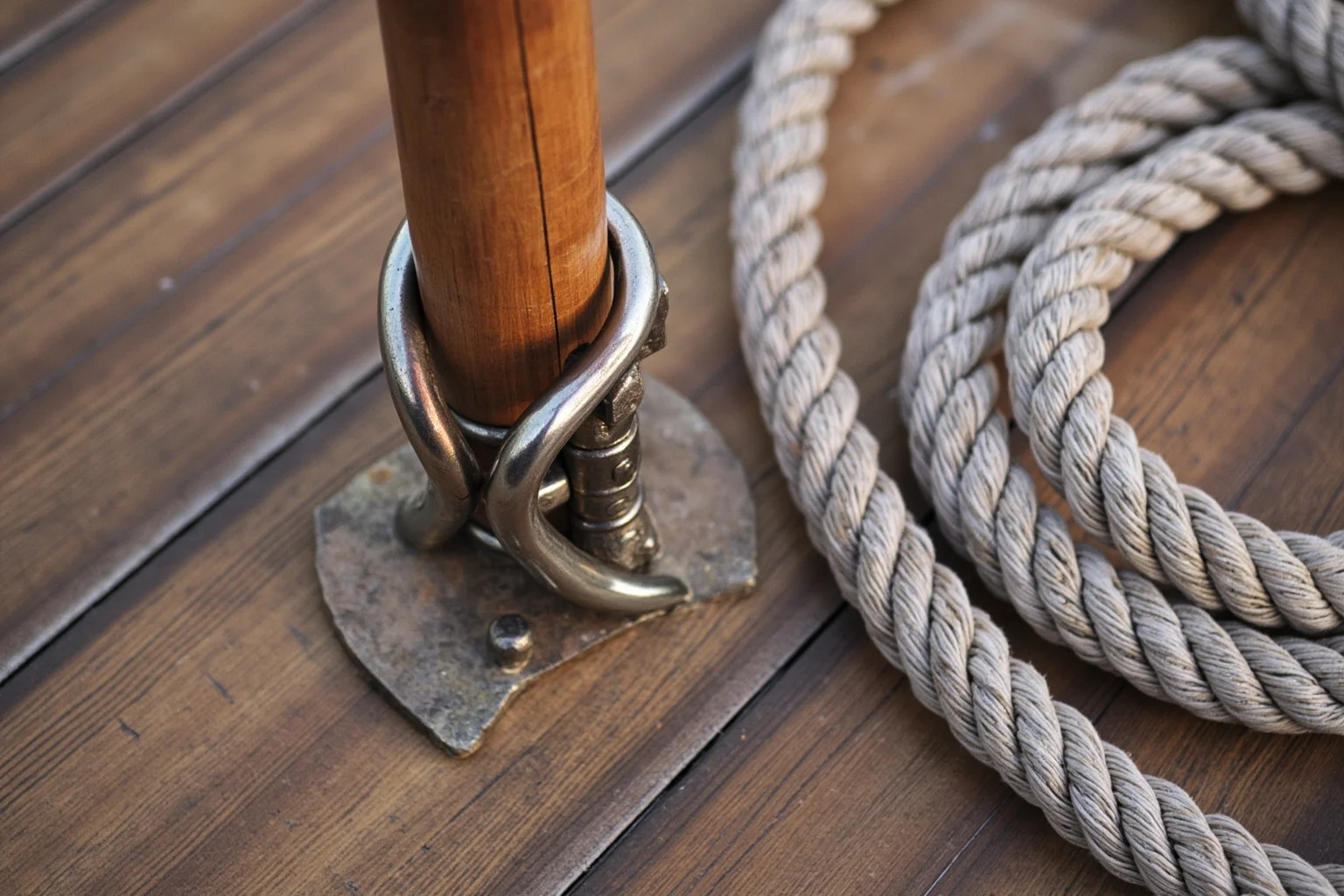 A wooden peg leg and hook prop resting on a ship's deck beside coiled rope