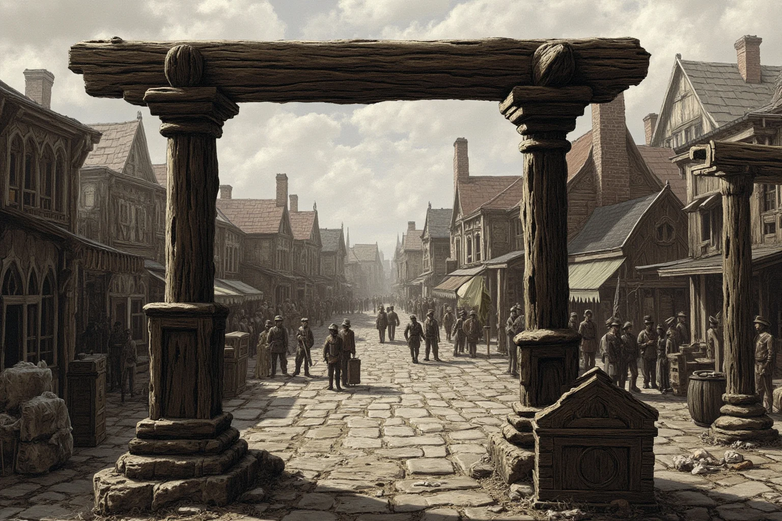 Brutal Forms of Public Humiliation Throughout History 3 A wooden pillory frame in a cobblestone marketplace with an overcast sky, no people shown, historical illustration style