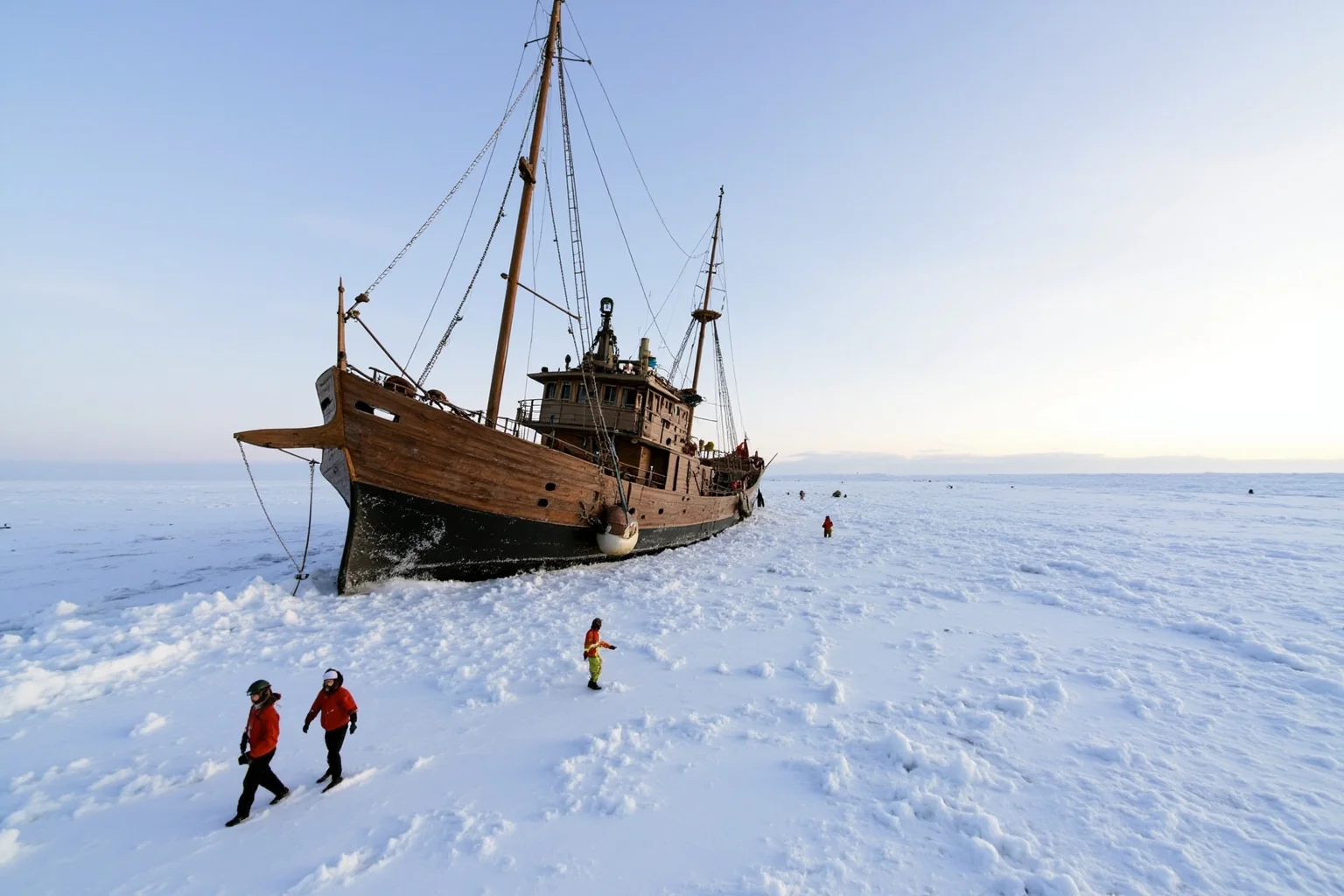 A wooden ship deliberately frozen into Arctic sea ice with crew members walking on the surrounding ice field