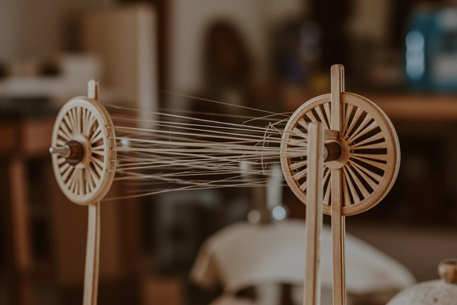 A wooden spinning jenny device with multiple threads, in a small cottage workshop setting