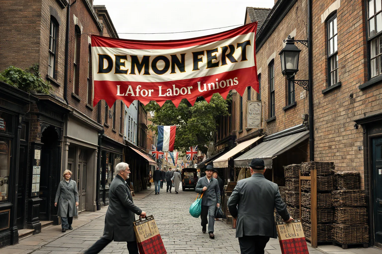 A working-class Dublin street in the early 1900s with a labor union banner, illustrative historical style