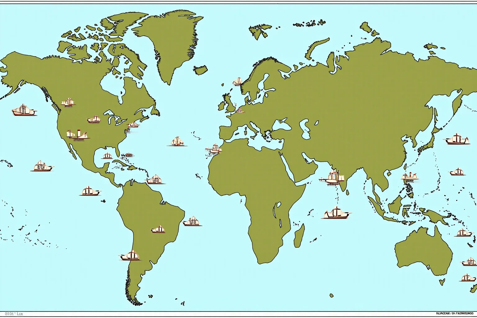 A world map illustration with small ship icons scattered across multiple oceans and centuries