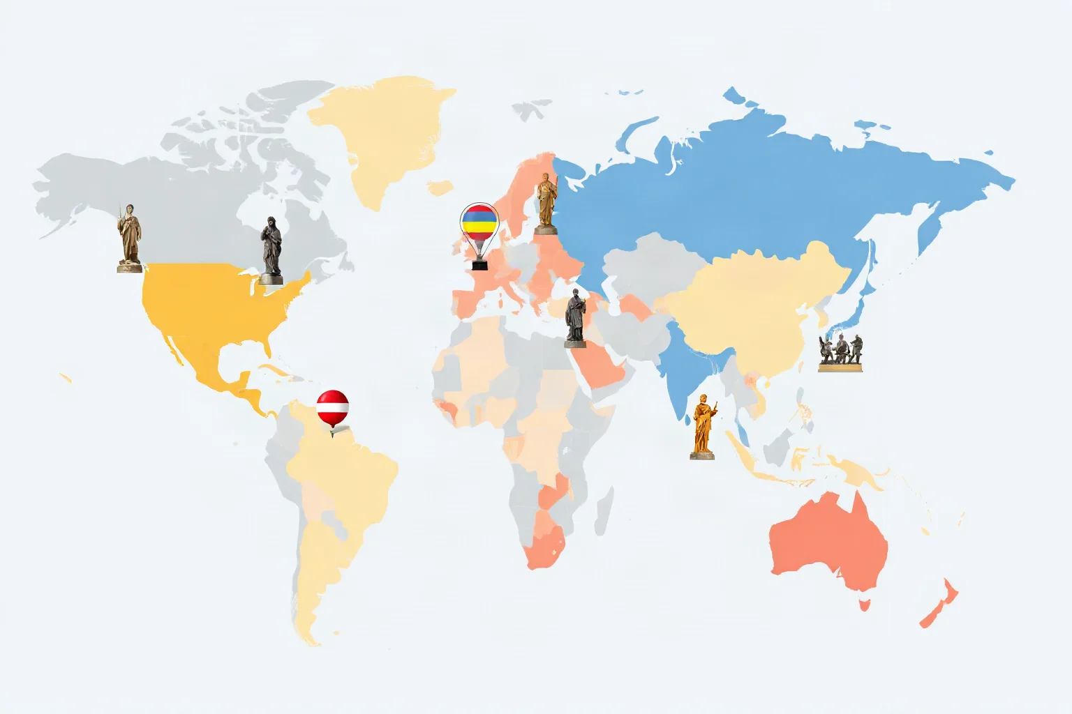 A world map illustration with small statue icons marking several countries with replica statues