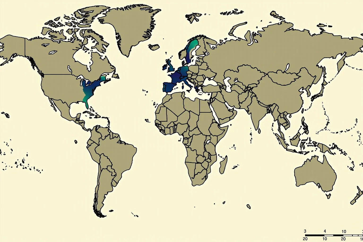 A world map with three continents highlighted showing the vast geographic range of pirate raids across North America, South America, and West Africa