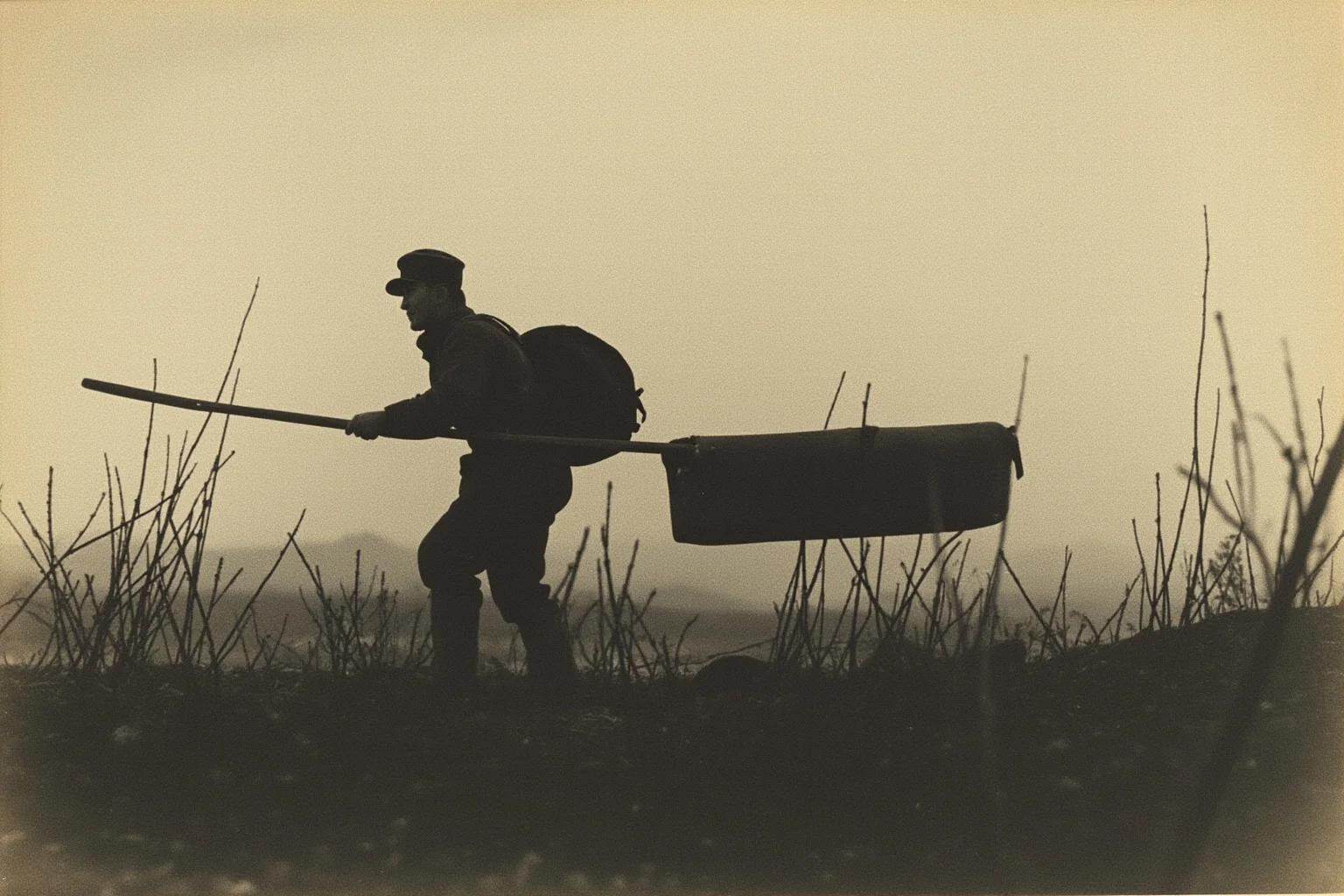 A World War I era canvas stretcher and basket being carried across a somber battlefield silhouette, muted historical illustration for 'basket case'