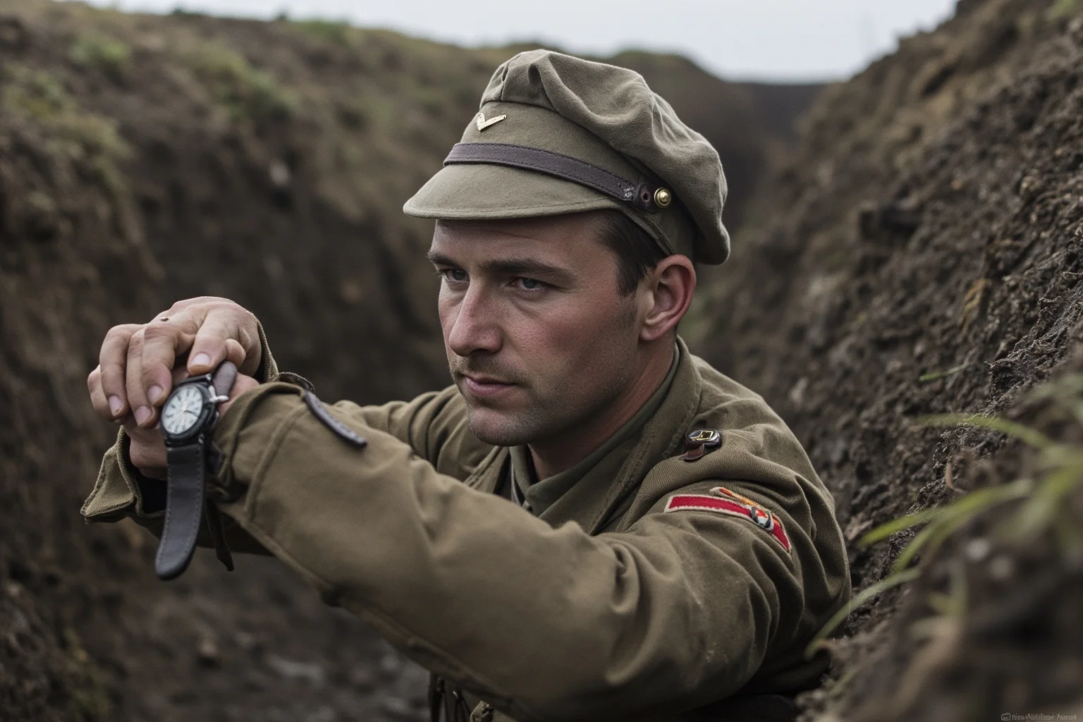 A World War I era soldier checking a wristwatch strapped over his uniform sleeve in a trench