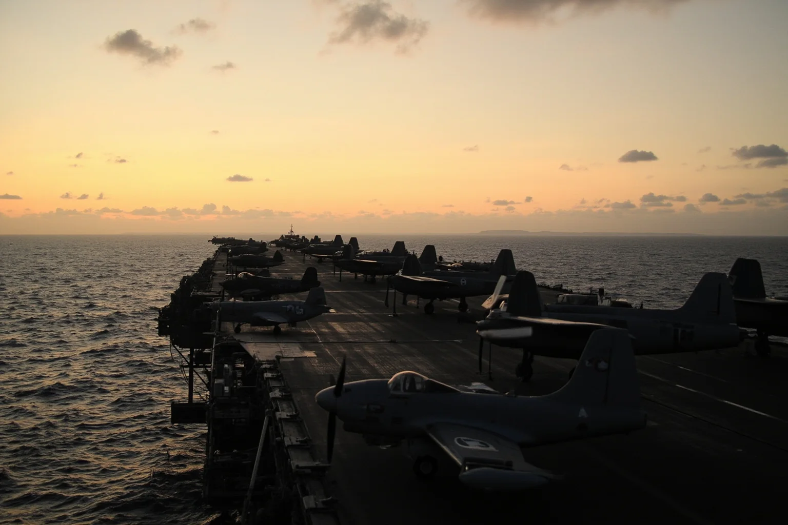 22 of the Greatest Comeback Stories in History 23 A World War II aircraft carrier deck at dawn with fighter planes lined up and a vast empty ocean horizon