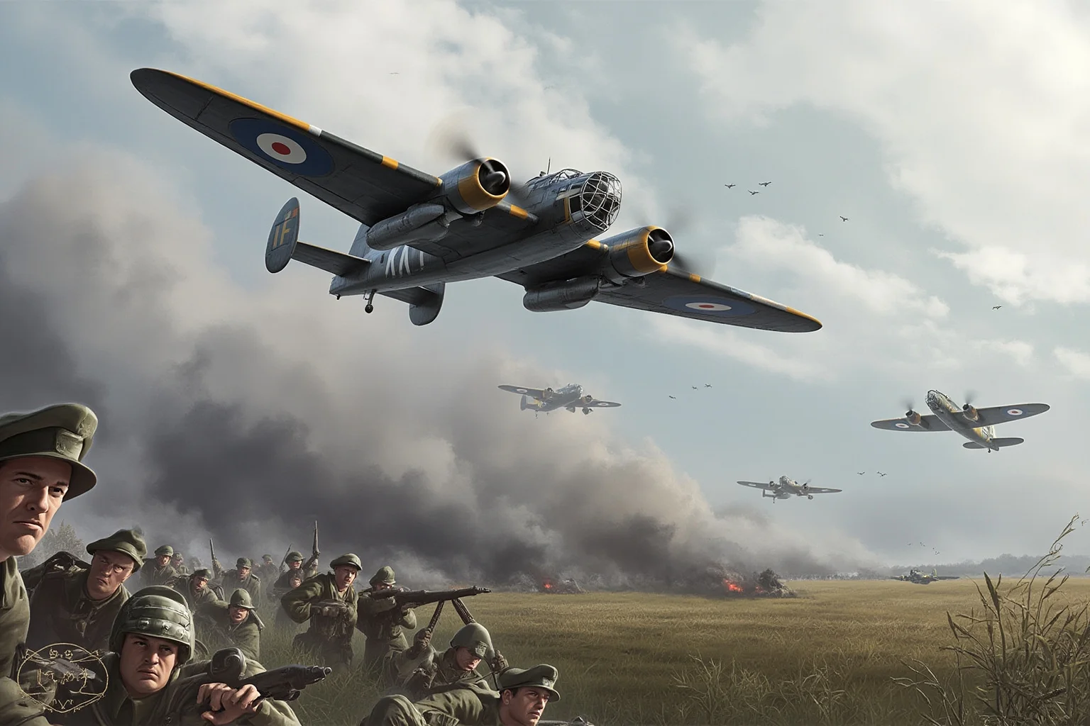 Memorable Moments Of Friendly Fire Throughout History 9 A World War II bomber formation flying over a smoke-covered European field with ground troops below, historical illustration
