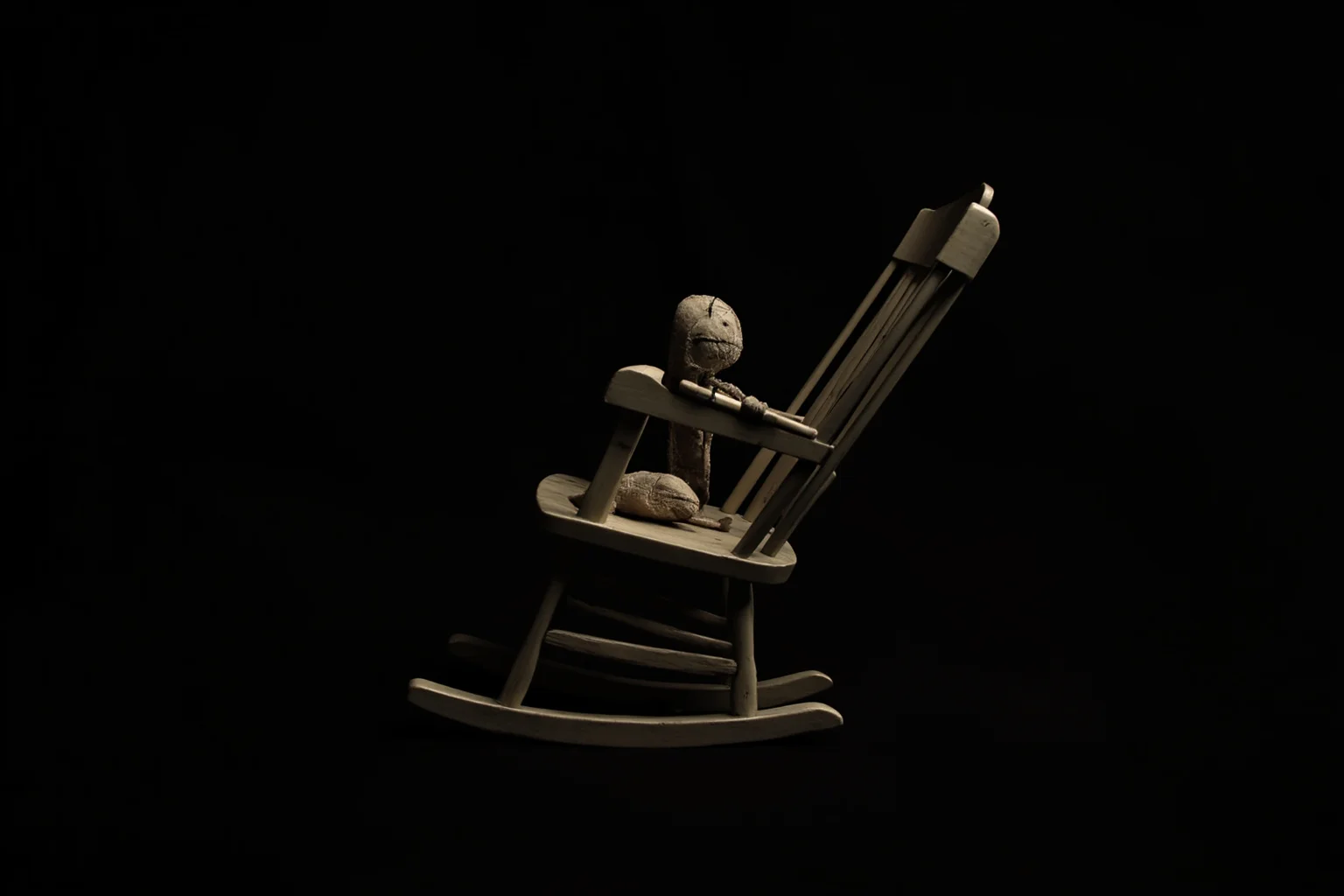 A worn cloth rag doll sitting alone in an old rocking chair in dim light