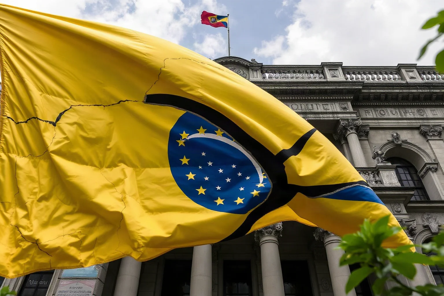 A worn Colombian flag over a cracked government building, symbolizing long-term political and social scars