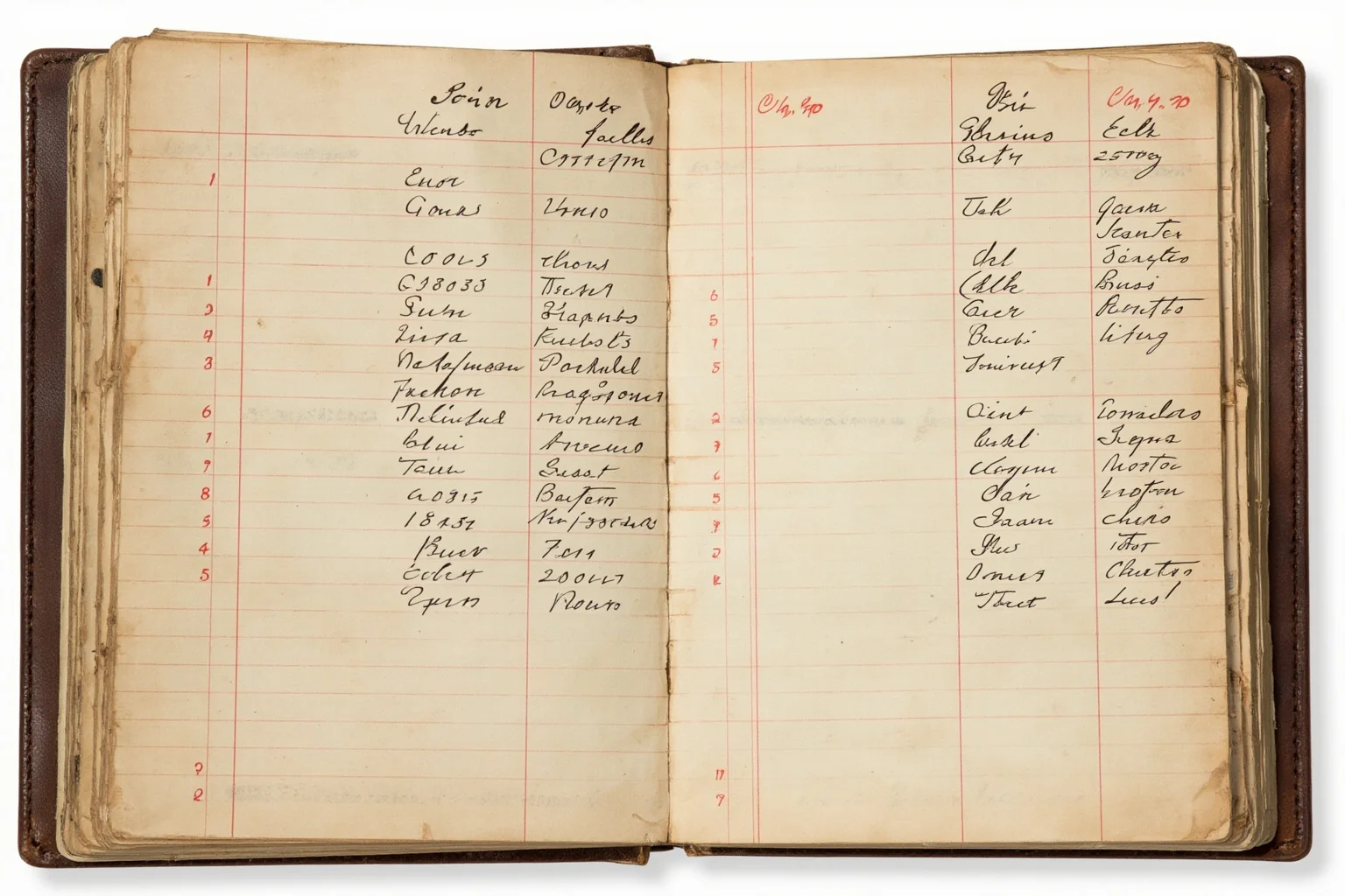 A worn leather-bound early 1900s ledger book with names and dates in cursive ink
