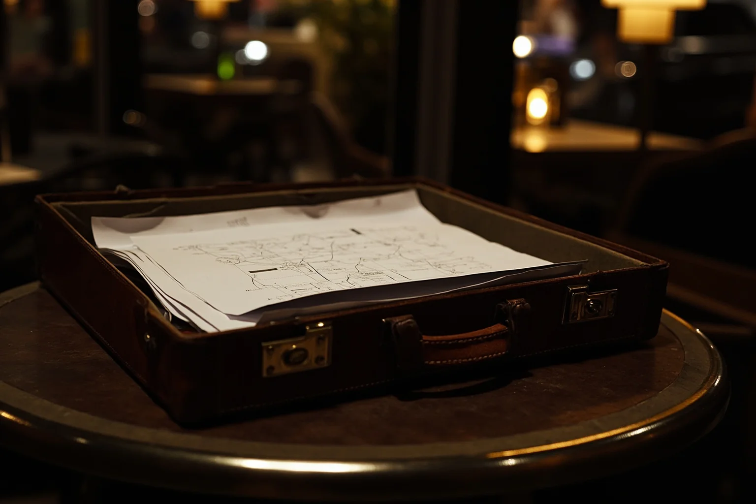 A worn leather briefcase overflowing with technical documents on a Parisian café table at night