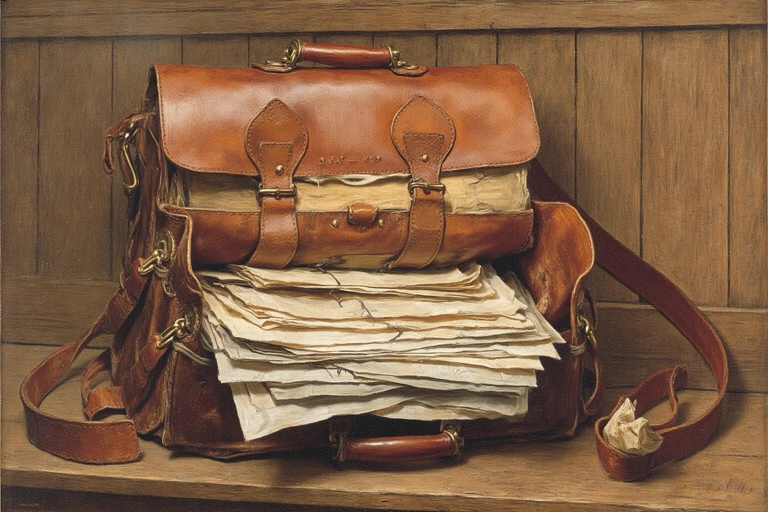 23 Facts About Hetty Green, the Billionaire Who Lived Like a Beggar 17 A worn leather satchel bulging with papers and documents resting on a wooden bench, still-life illustration