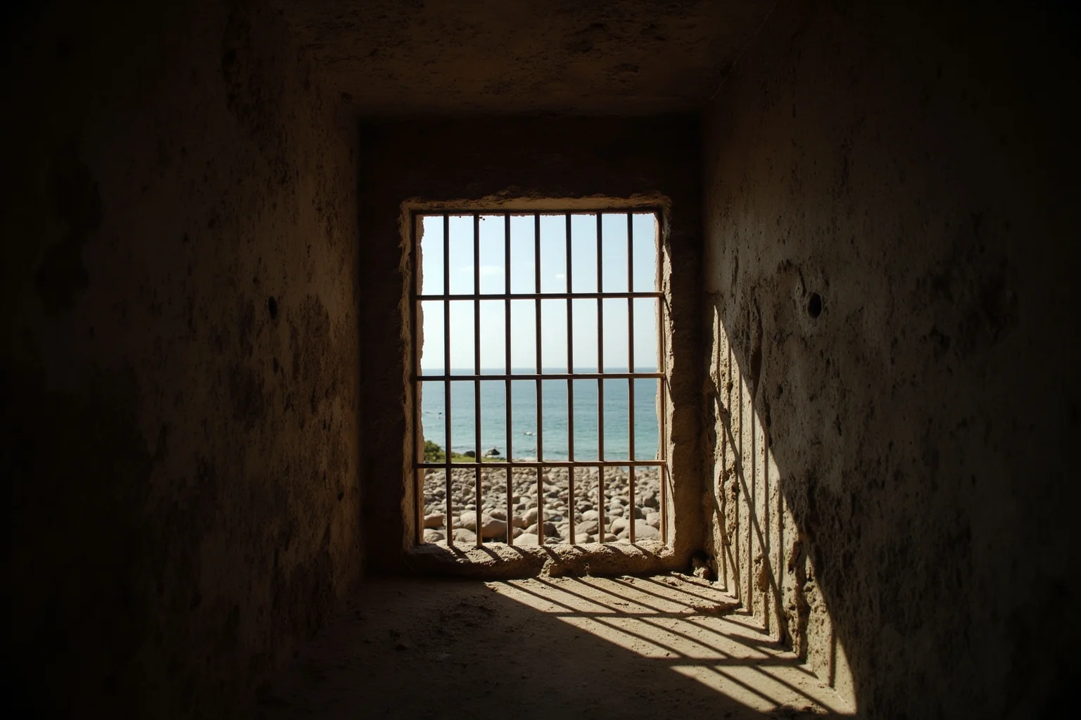 A worn prison cell wall at a coastal fort with barred window, tropical light streaming in, muted tones
