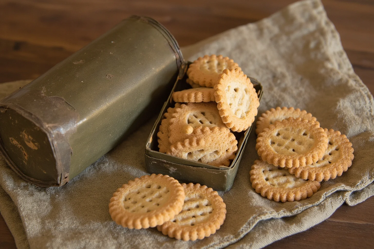 The Evolution of World War 1 Rations: 24 Facts About Food, Trenches, and Rationing 2 A worn tin can and hard biscuits arranged on a cloth, representing a British Army iron ration from World War 1