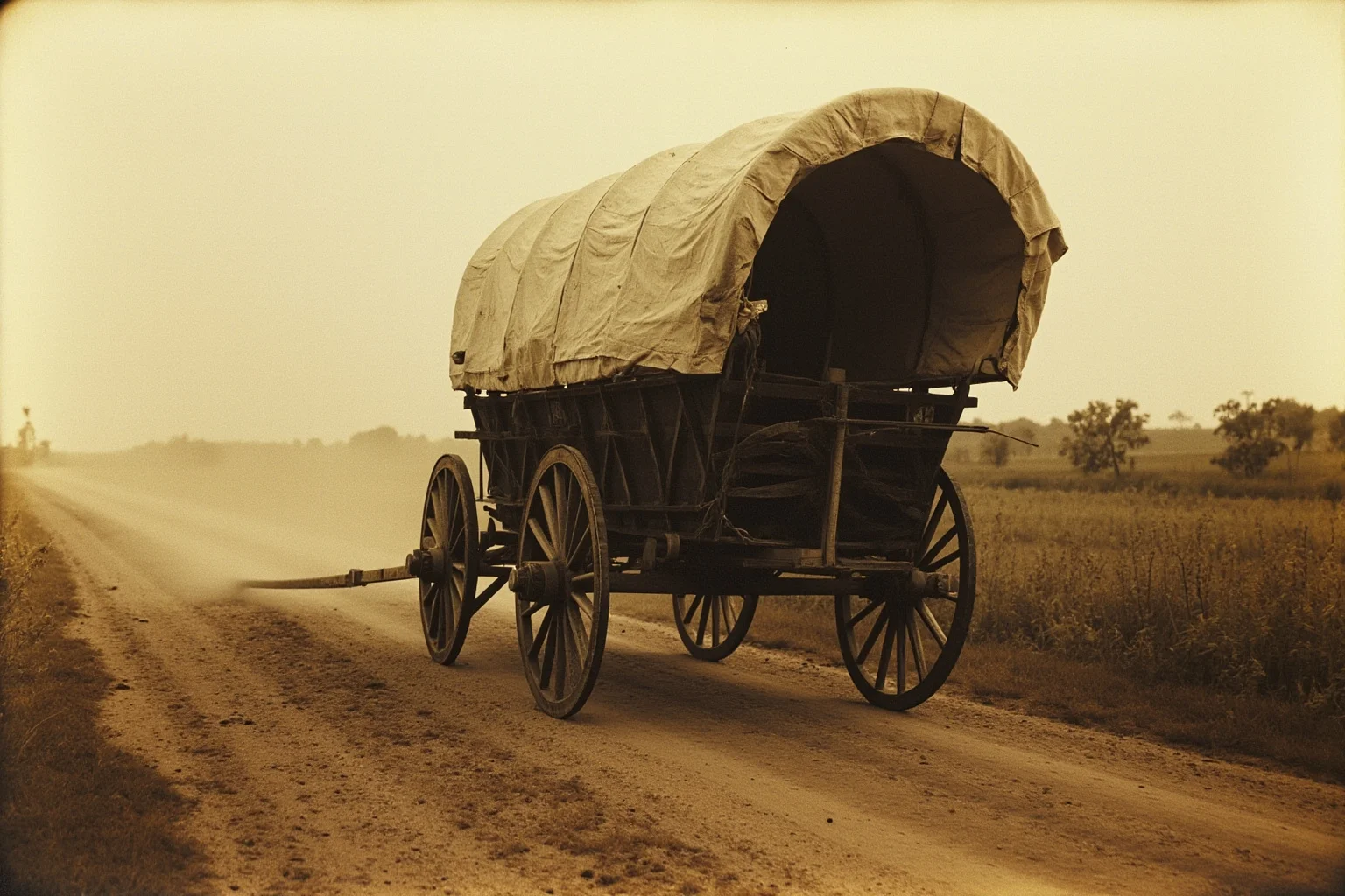 A worn traveling salesman's wagon on a dusty American road in the 1840s, evoking an unstable childhood