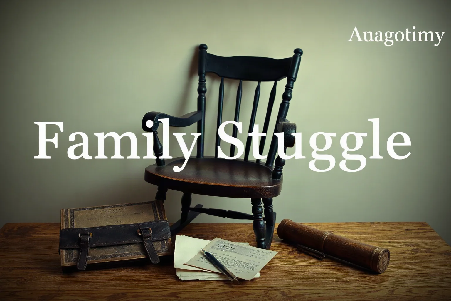 A worn vintage photograph-style image of an empty rocking chair and old letters on a wooden table, symbolizing family struggle