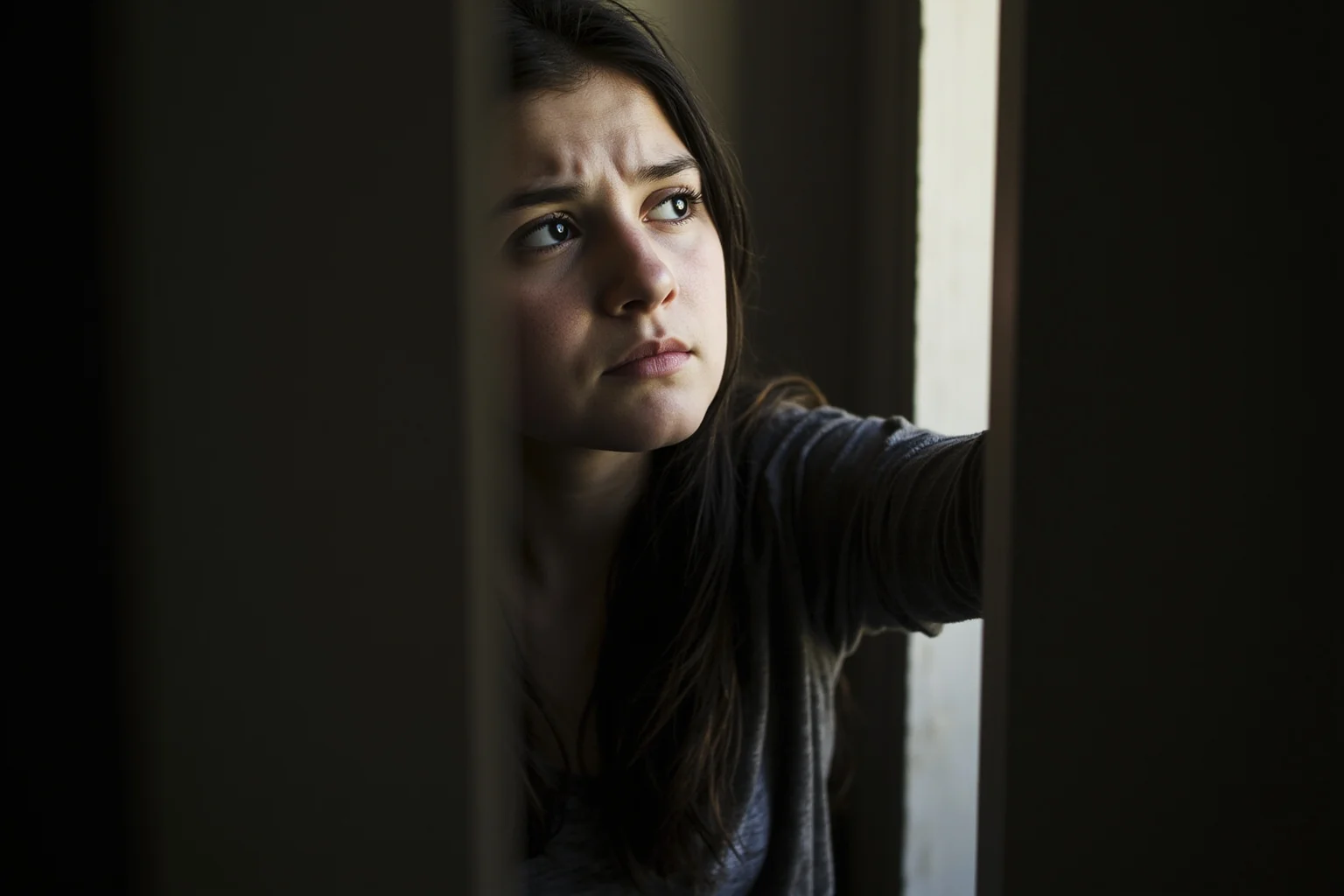 A worried young woman observing through a doorway, representing an outside observer objecting to conditions