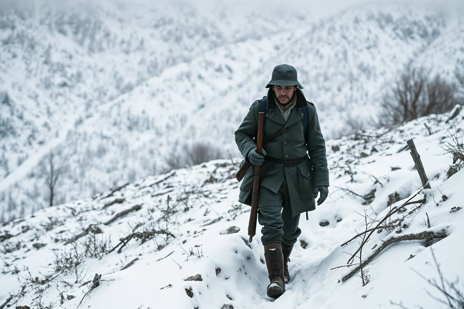 A wounded Confederate soldier trudging through mountainous terrain in winter, exhausted and determined to reach home