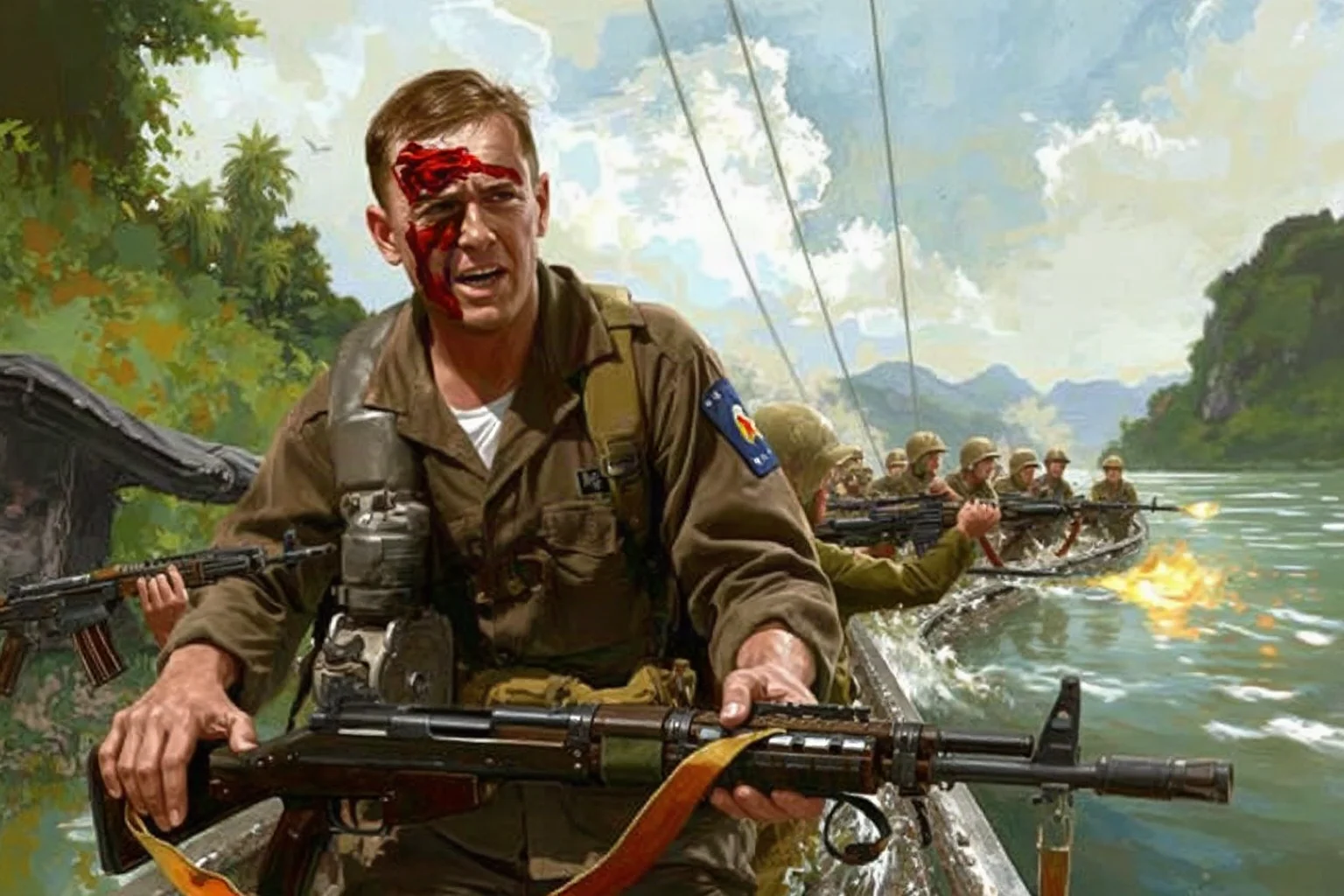 A wounded Navy lieutenant leading soldiers through a Vietnamese riverine ambush, illustrative painting style, tense action scene
