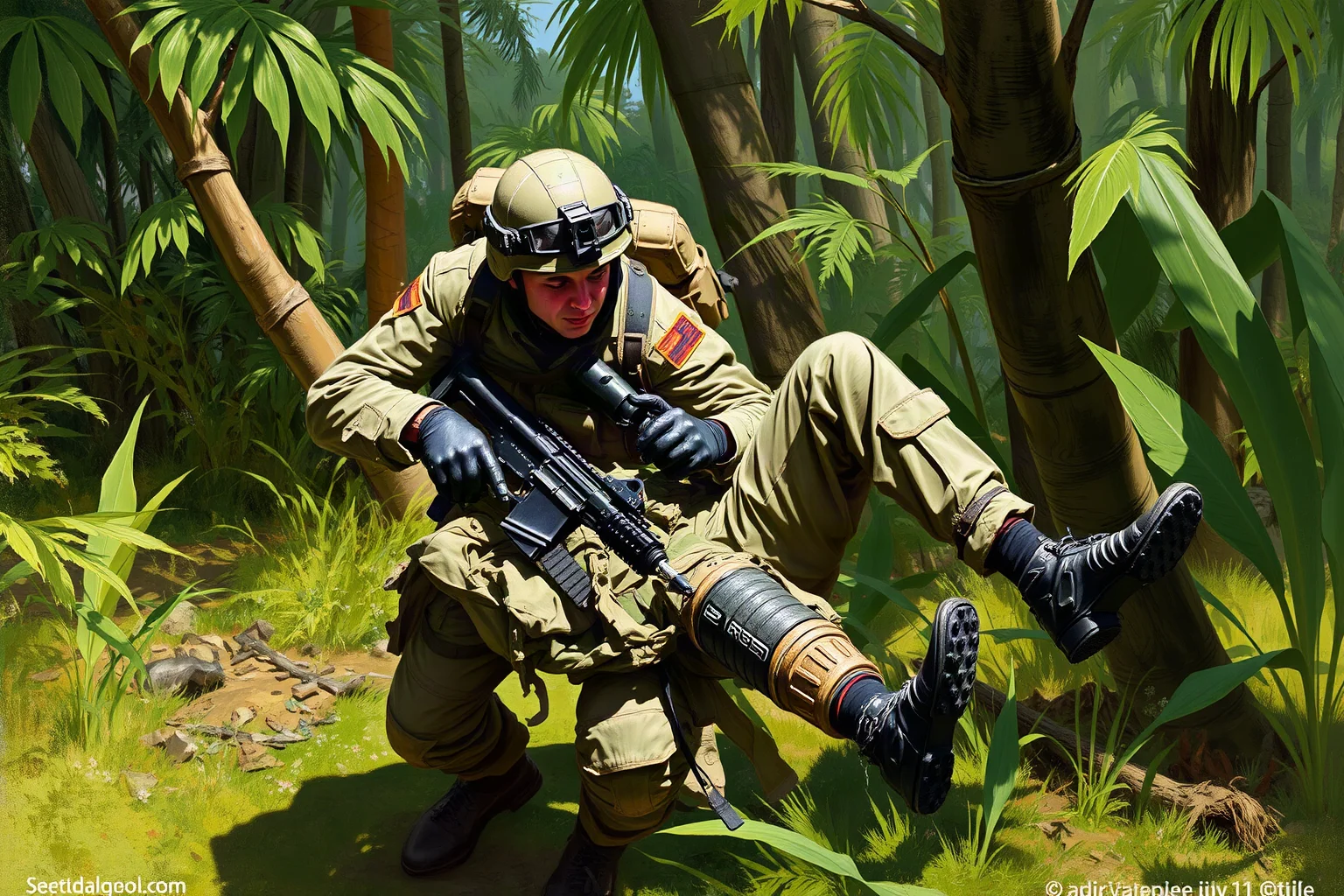 A wounded Special Forces sergeant dragging a comrade to safety under fire in a jungle clearing, illustrative painting style, dramatic action