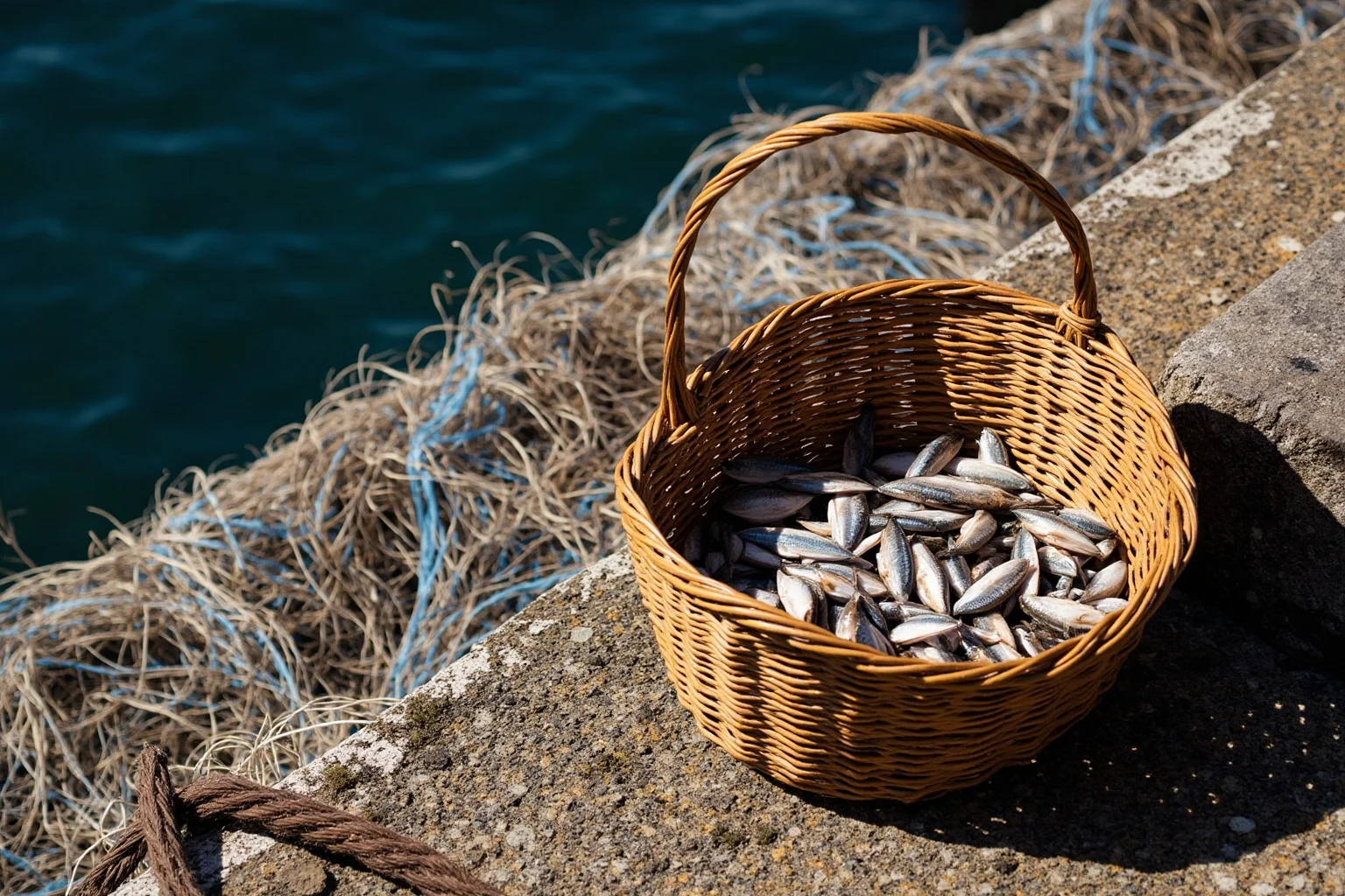Ancient Greek Diet: 20 Foods Ancient Greeks Ate on a Daily Basis 11 A woven basket of small salted fish beside fishing nets on an ancient Greek harbor dock