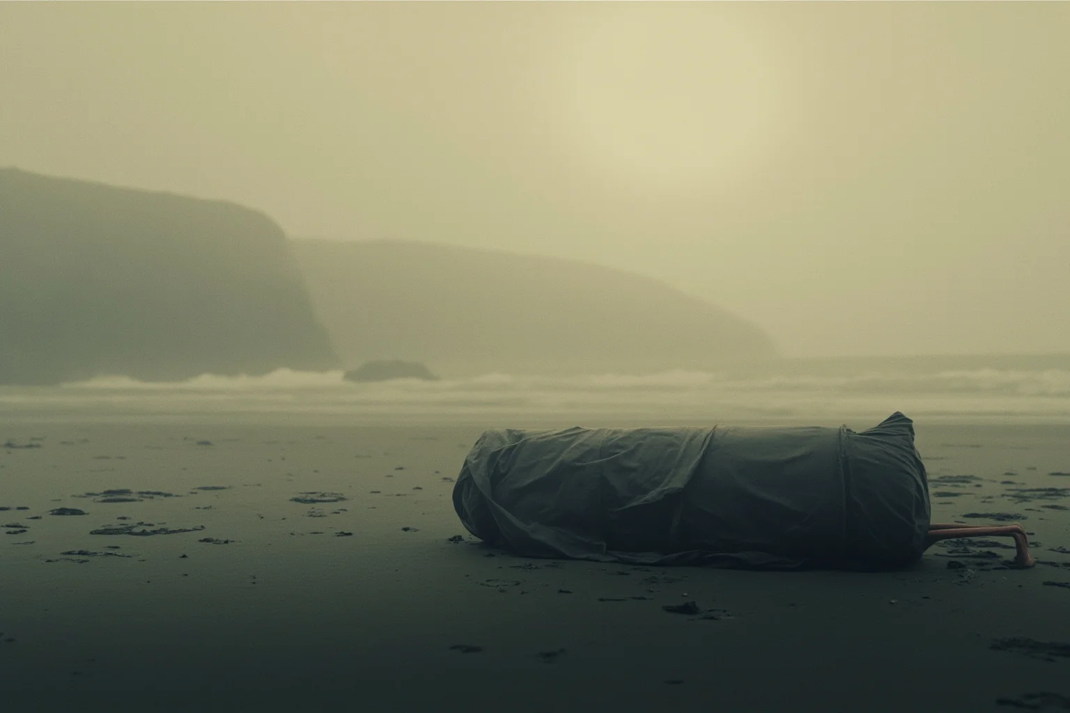 A wrapped stretcher on a foggy 1940s coastal beach at dawn, subdued wartime illustration style