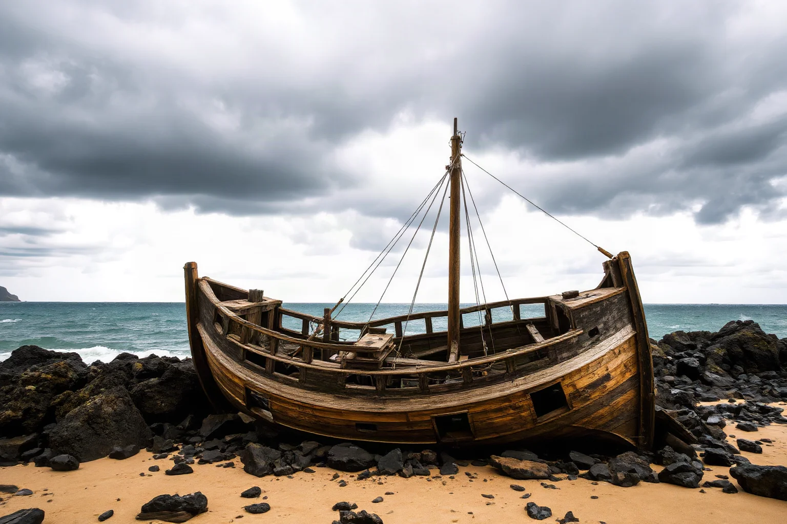 A wrecked wooden sailing ship on a remote rocky island shore, stormy sky