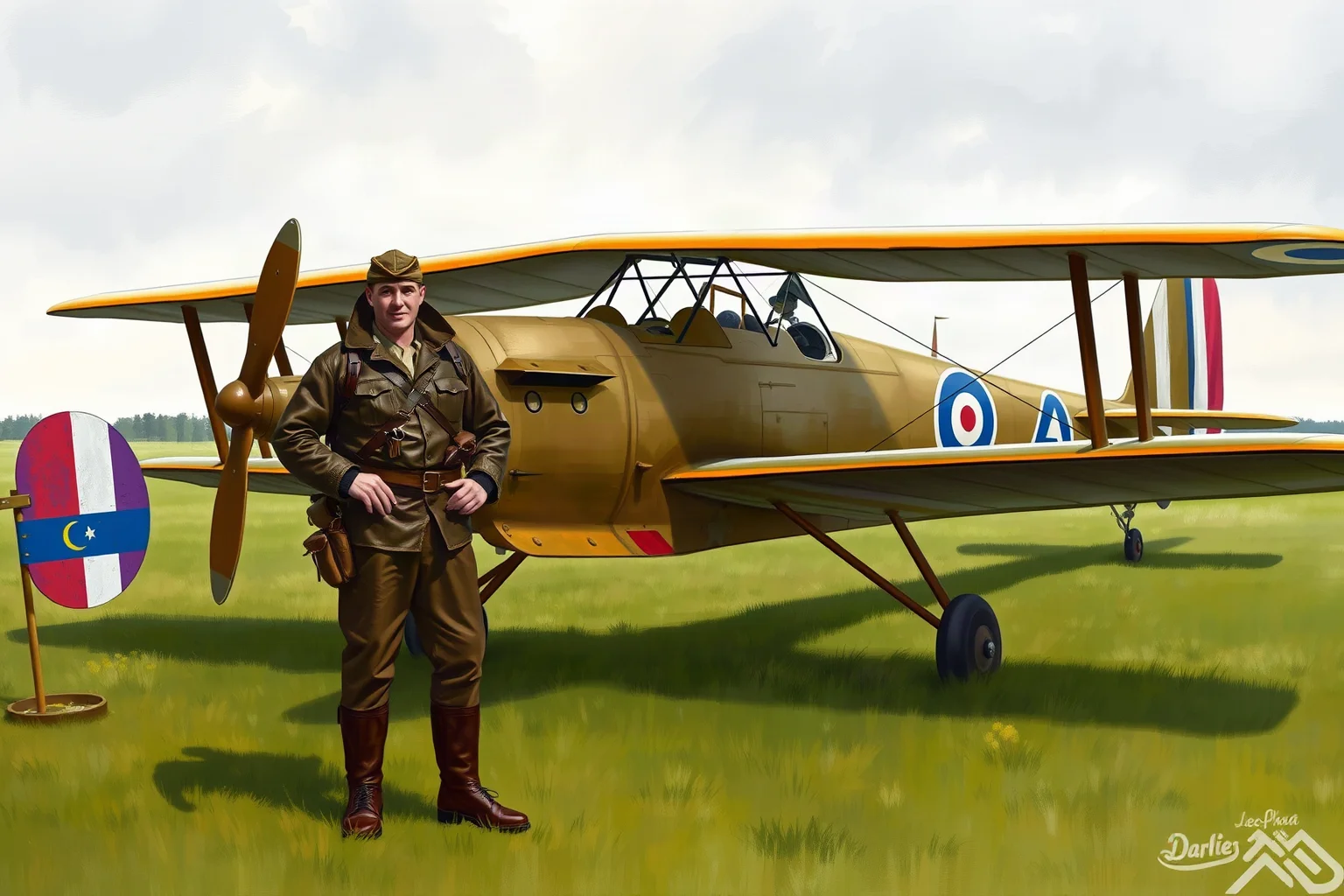 A WWI biplane fighter pilot in leather flight gear standing beside his aircraft on a grass airfield, illustrative painting style, overcast sky