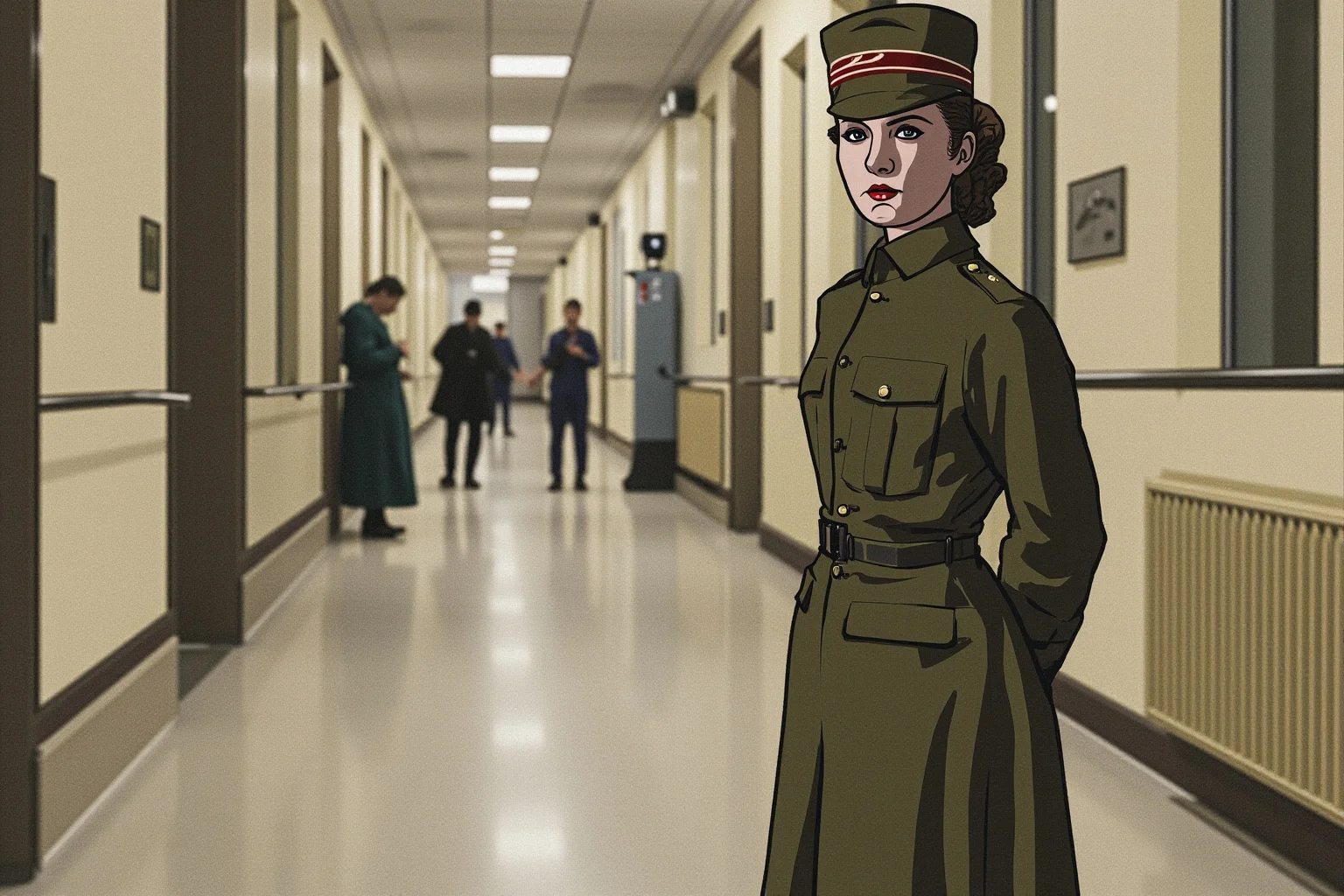 A WWI-era nurse in uniform standing quietly in an occupied European hospital corridor, illustrated style