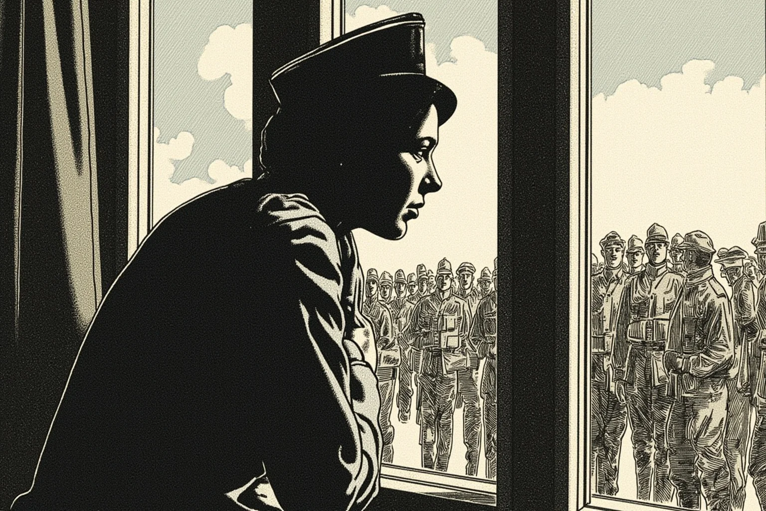 A WWI nurse secretly observing soldiers from a hospital window, illustrated style