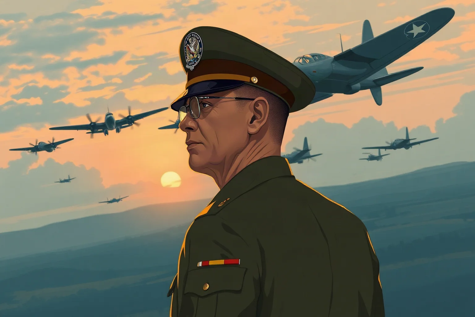 A WWII American air force general watching bomber formations take off at dawn, illustrative style