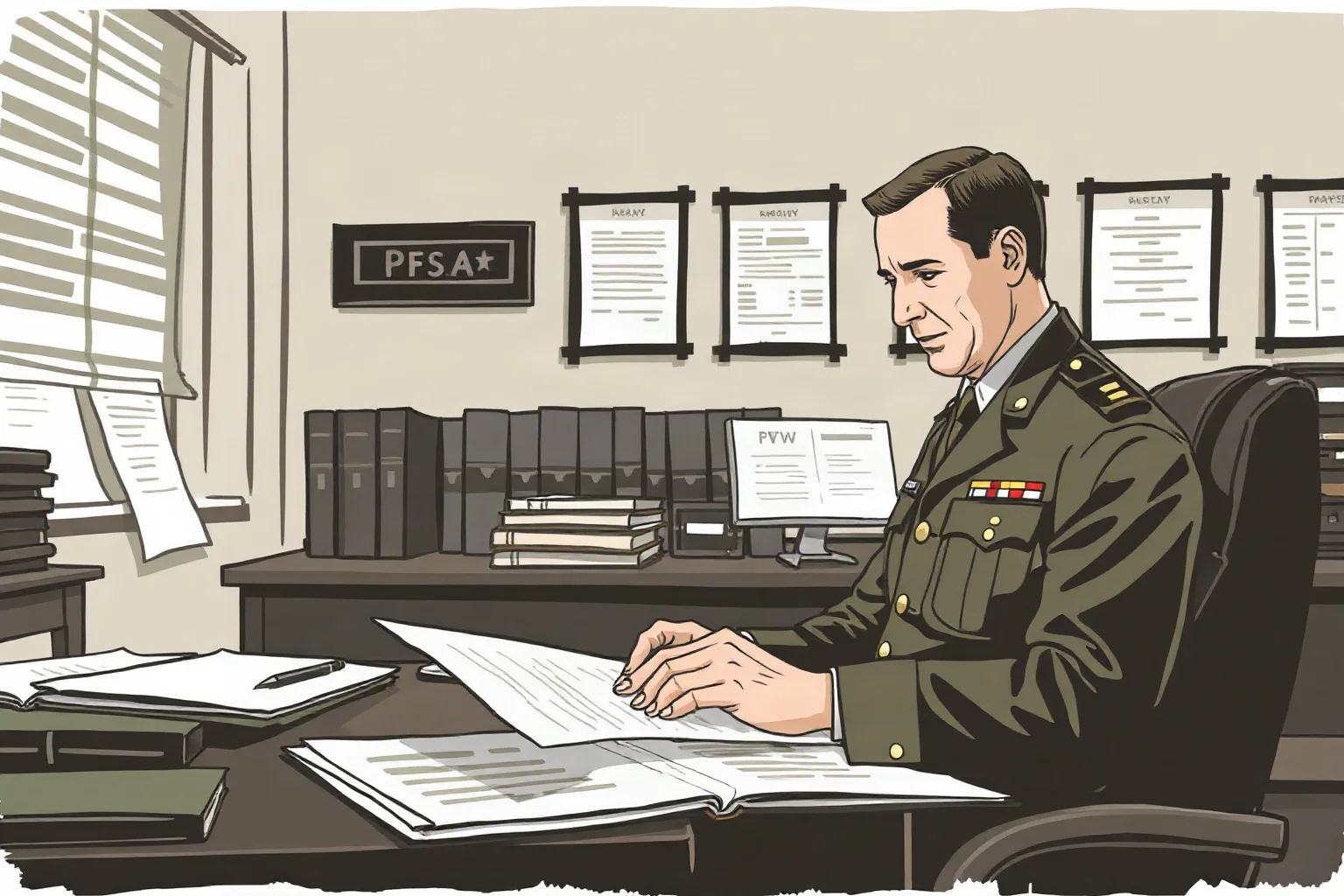 A WWII American army chief of staff in an office reviewing logistics documents, illustrative style