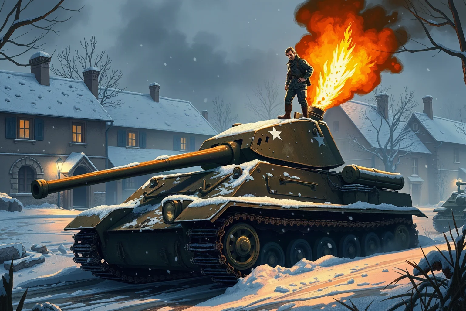 A WWII American soldier standing atop a damaged tank destroyer in a snowy French village, illustrative war-art style, dramatic lighting