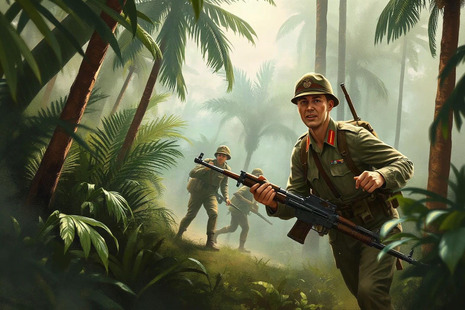 A WWII British general leading troops through dense jungle terrain, illustrative historical art