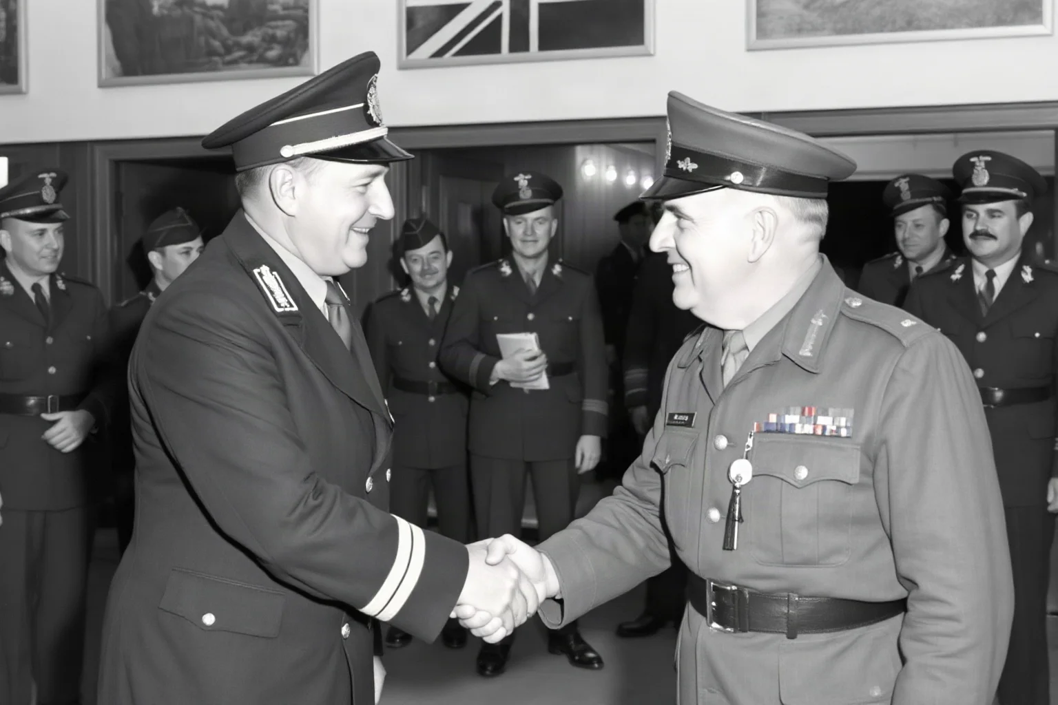 A WWII British general shaking hands with an American counterpart at a coalition military headquarters