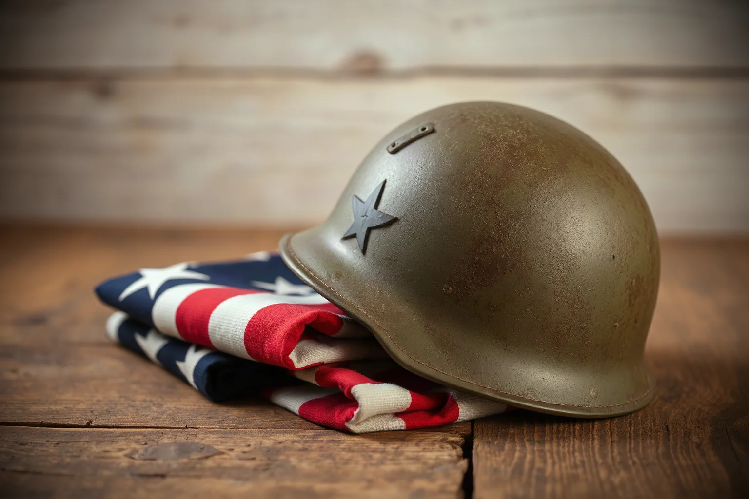 A WWII-era military helmet resting beside a folded flag on a rustic wooden table
