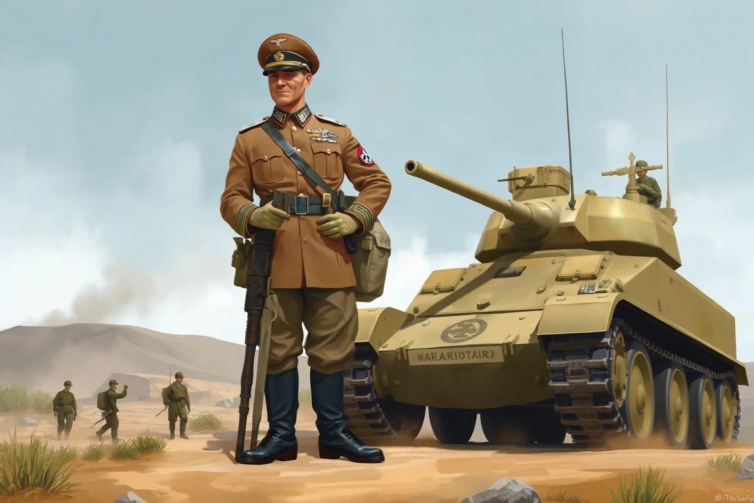 A WWII German general in desert uniform standing beside an armored vehicle, illustrative art, no real likeness