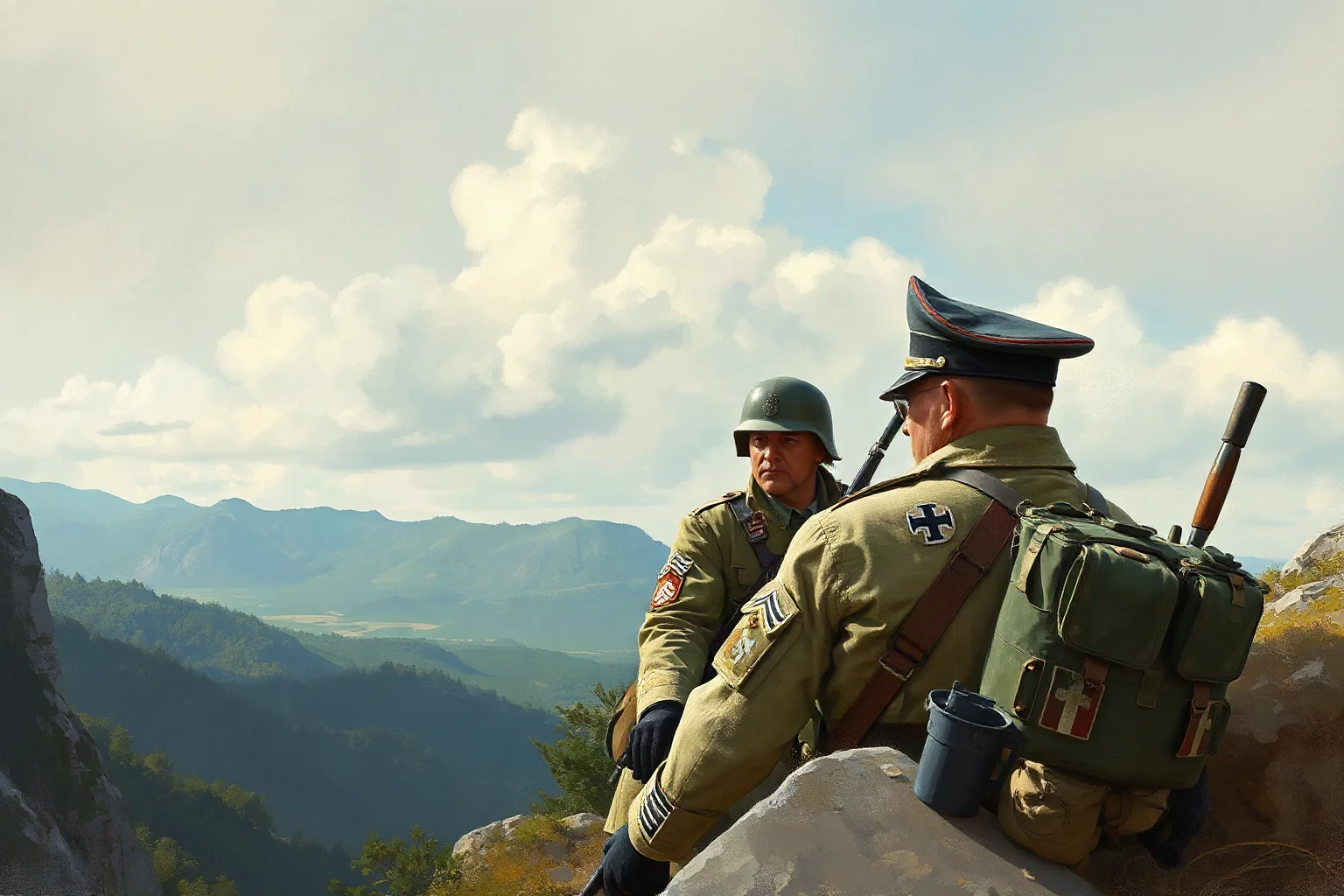 A WWII German general overseeing a defensive mountain position in Italy, illustrative historical art