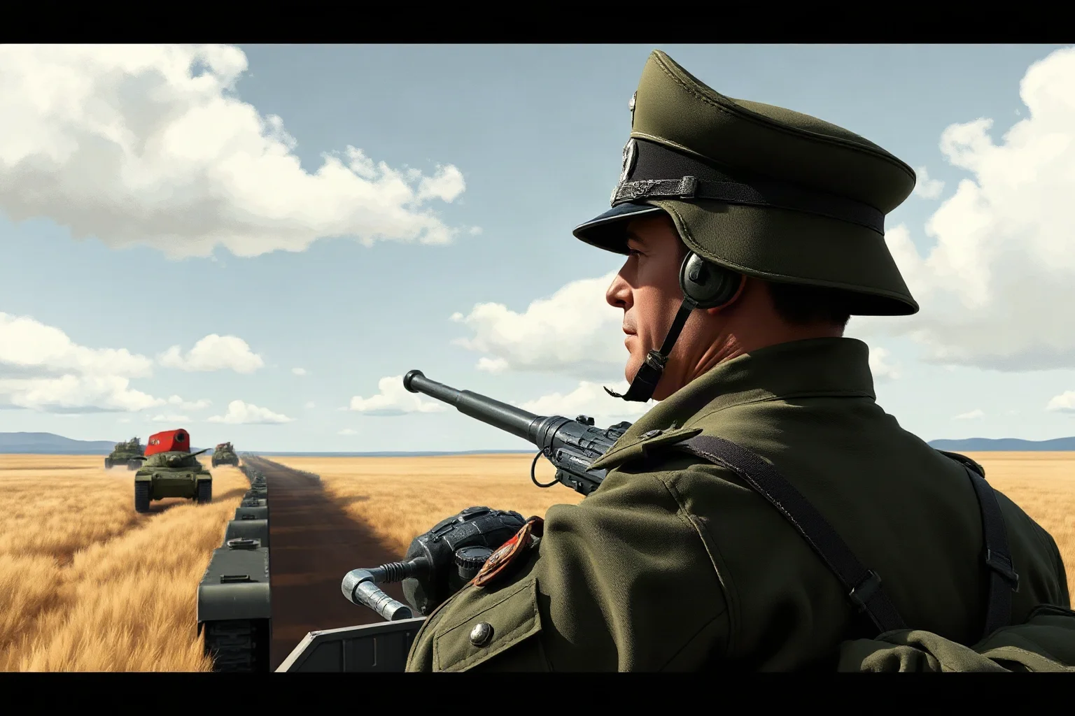 A WWII German tank commander directing an armored column across open plains, illustrative editorial style