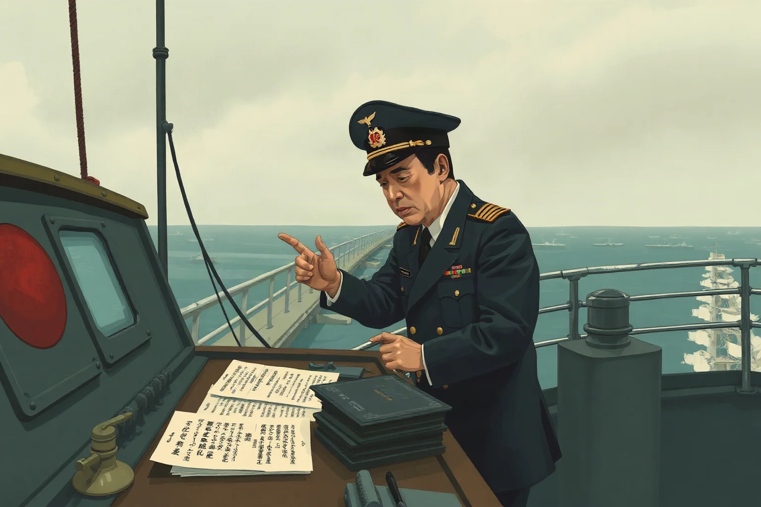 A WWII Japanese admiral on a battleship bridge planning naval strategy, illustrative editorial style