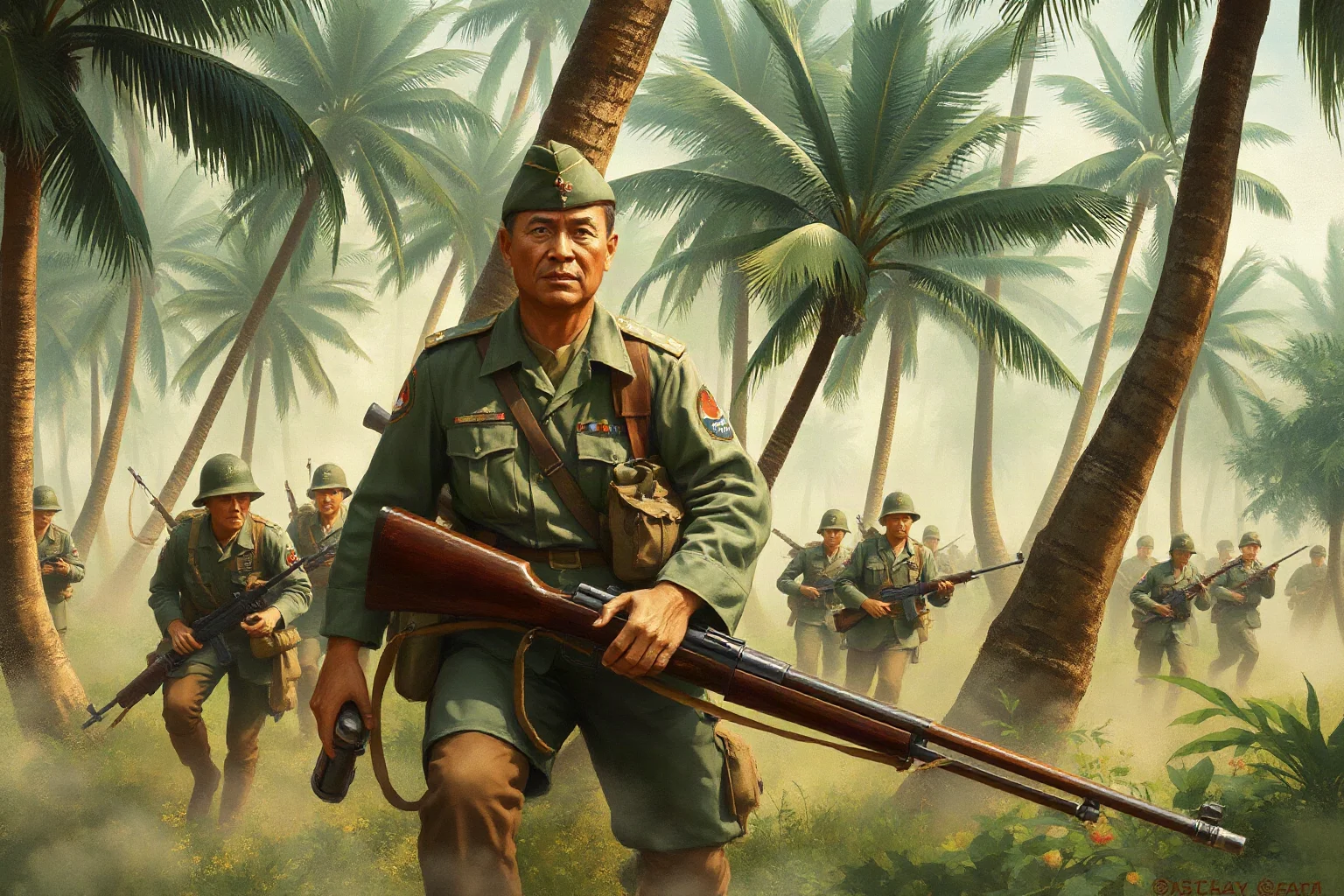 A WWII Japanese general leading troops through a tropical jungle campaign, illustrative historical art