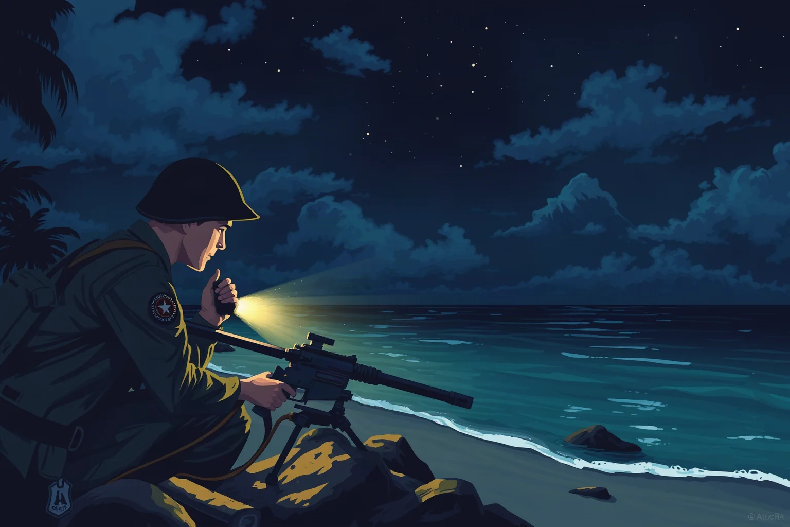 A WWII Marine gunnery sergeant manning a machine gun position on a tropical Pacific island beach at night, illustrative art style