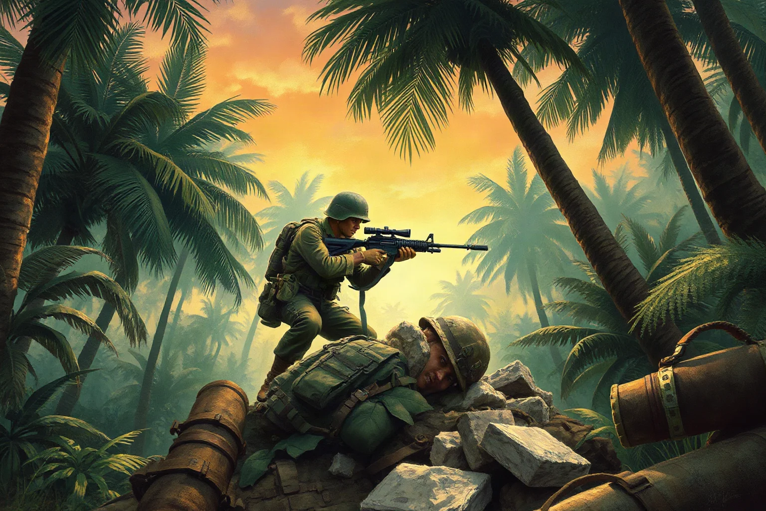 A WWII Marine platoon sergeant defending a jungle machine-gun nest alone, illustrative painting style, dramatic tropical battlefield