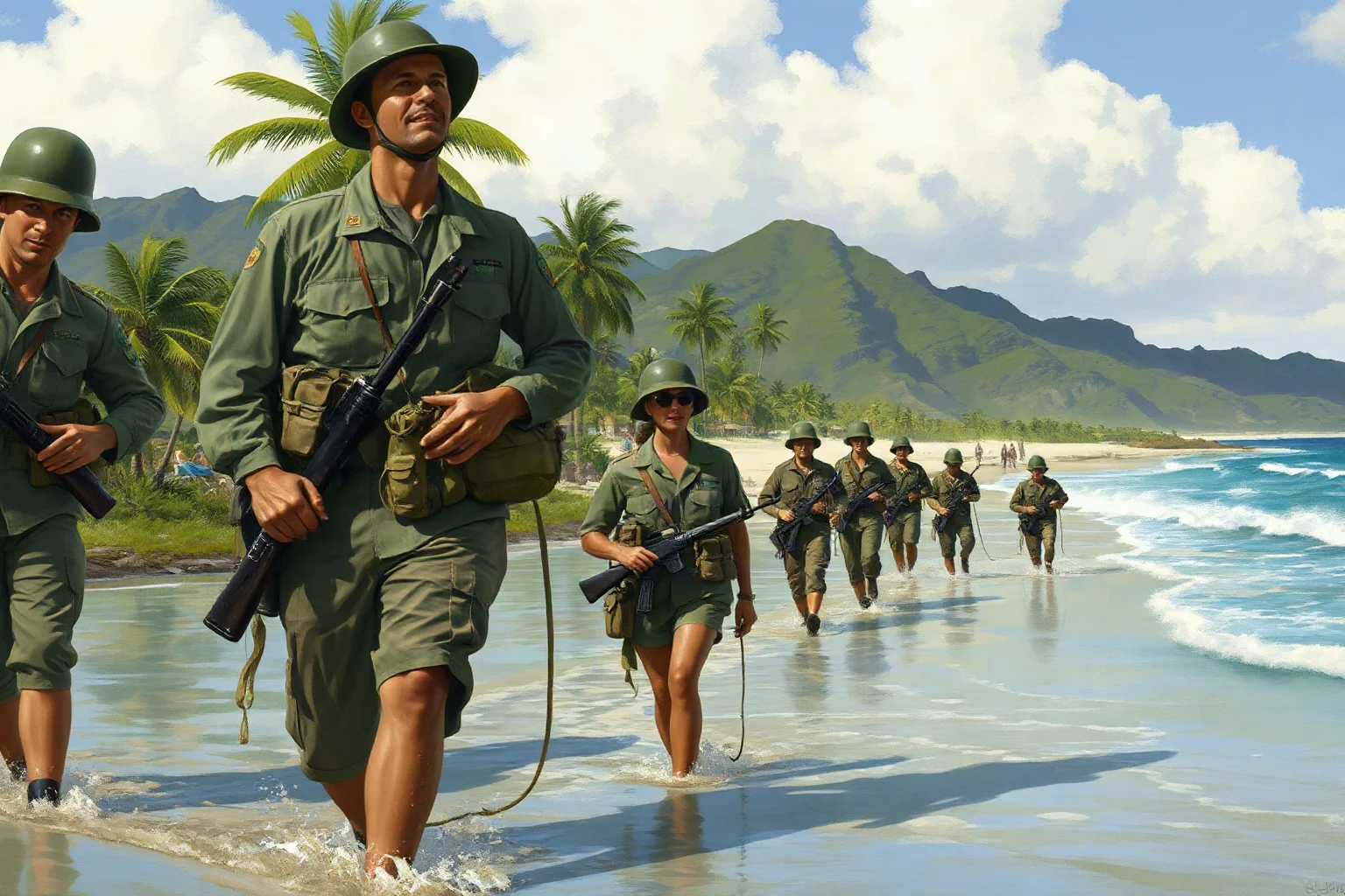 A WWII Pacific theater general wading ashore with troops on a tropical beach, illustrative historical art, generic likeness