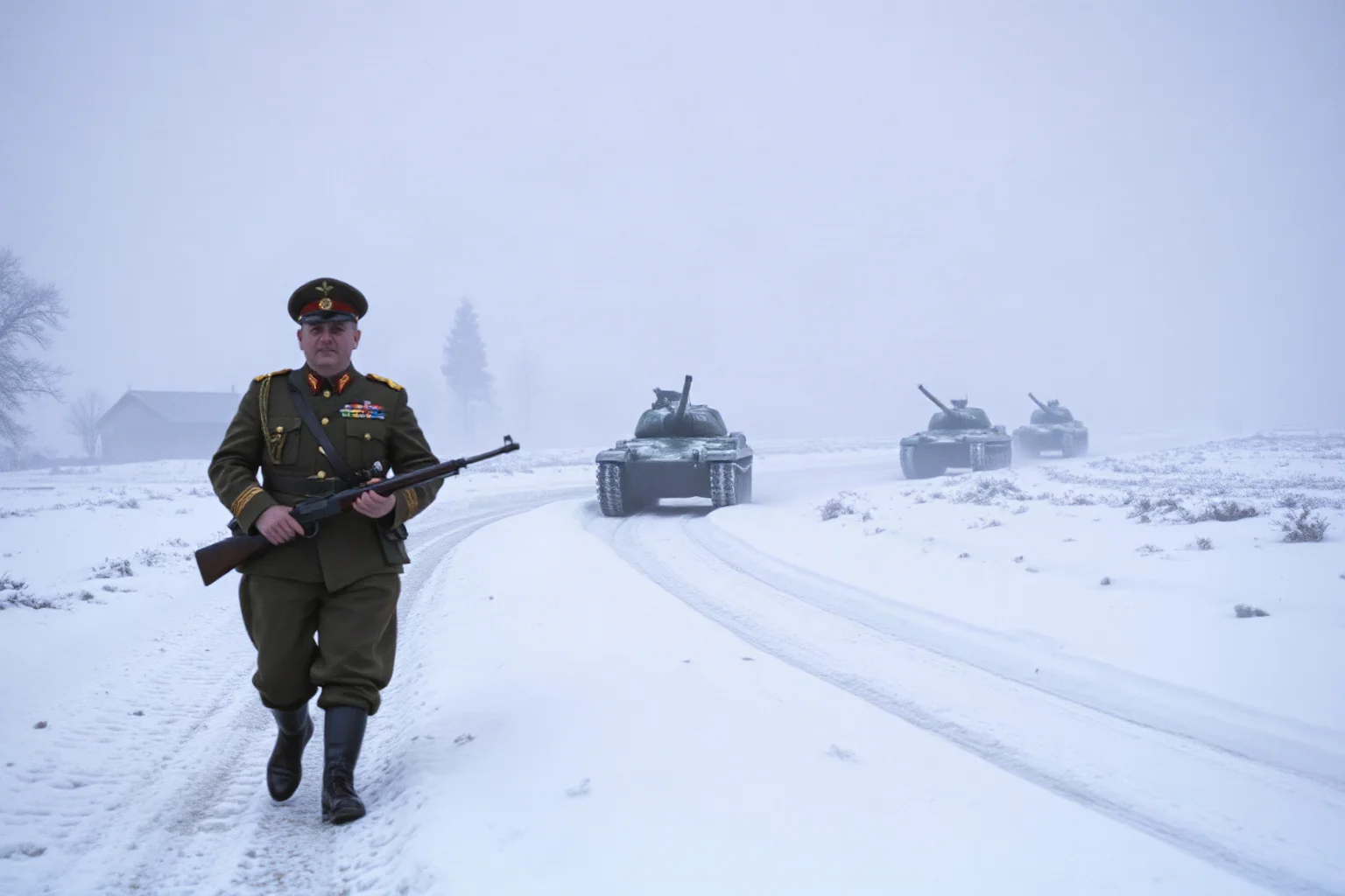 A WWII Soviet general leading an armored offensive across a snowy Eastern European landscape