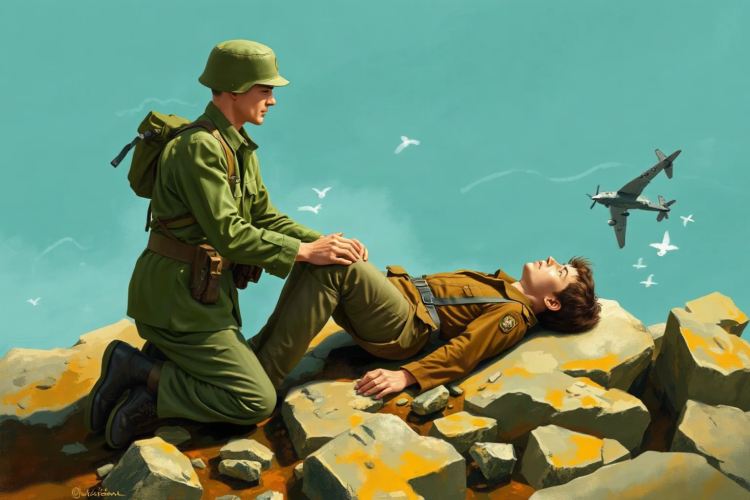 A WWII U.S. Army medic kneeling to help a wounded soldier on a rocky cliffside, illustrative painting style, no weapon visible, Pacific setting