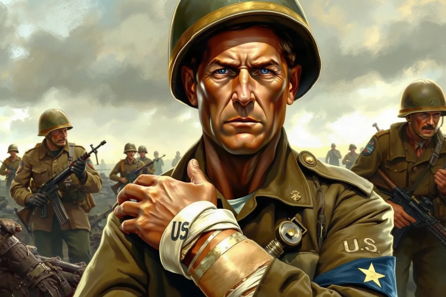 A WWII U.S. Army officer with a heavily bandaged arm in a European battlefield setting, illustrative painting style, determined expression