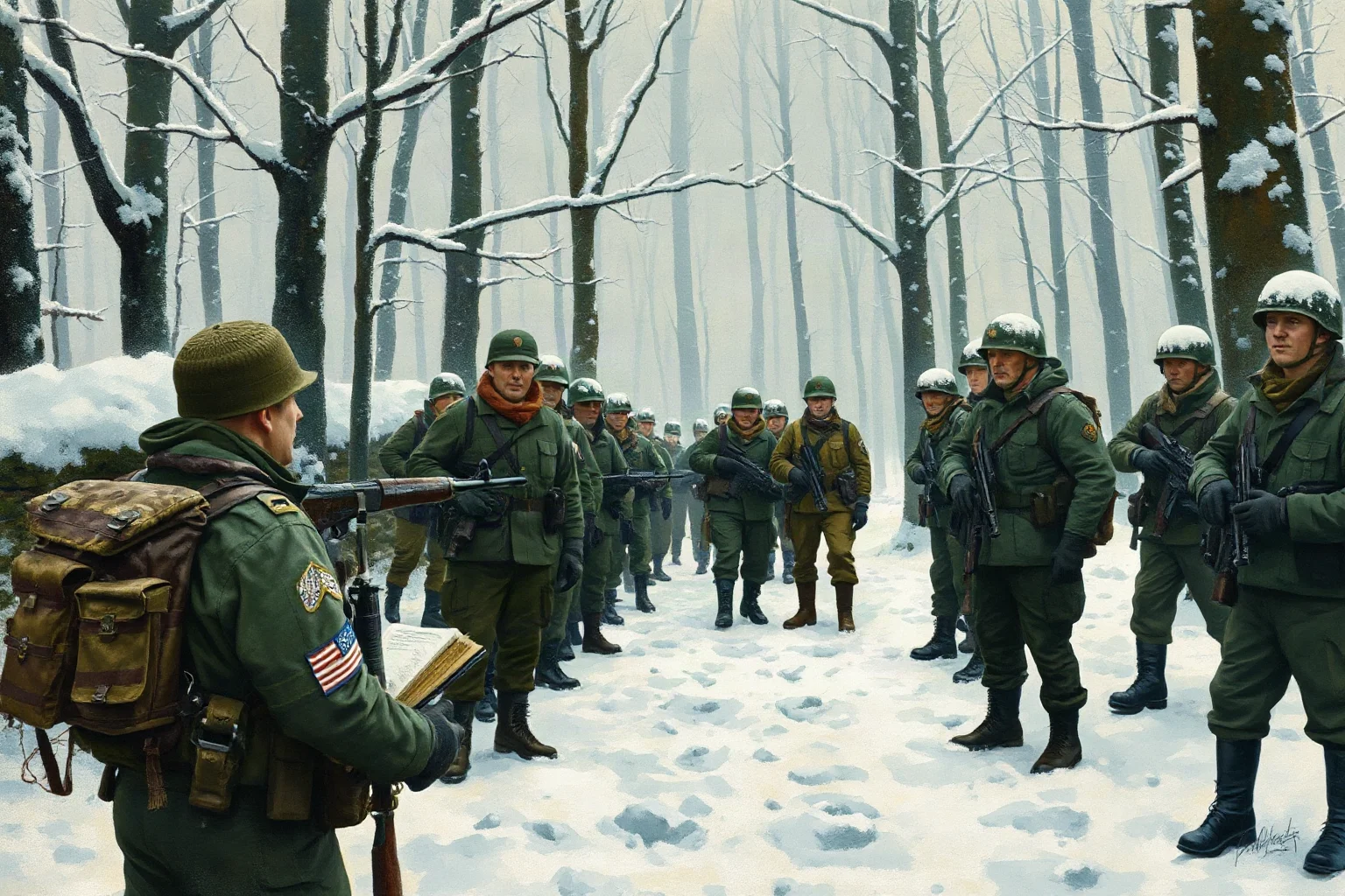 A WWII U.S. Army technical sergeant organizing soldiers in a snowy forest during a winter battle, illustrative painting style, Ardennes setting